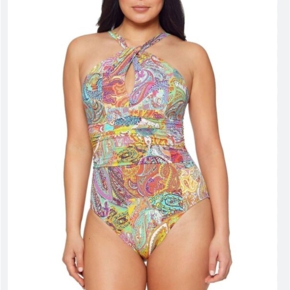 Bleu Rod Beattie Paisley Halter High Neck Swimsuit Multicolored Size 8 - Picture 1 of 14